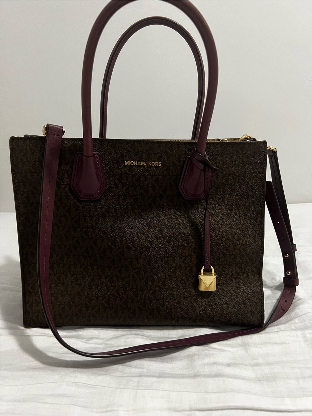Michael Kors MK Logo Tote Brown with Plum Trim